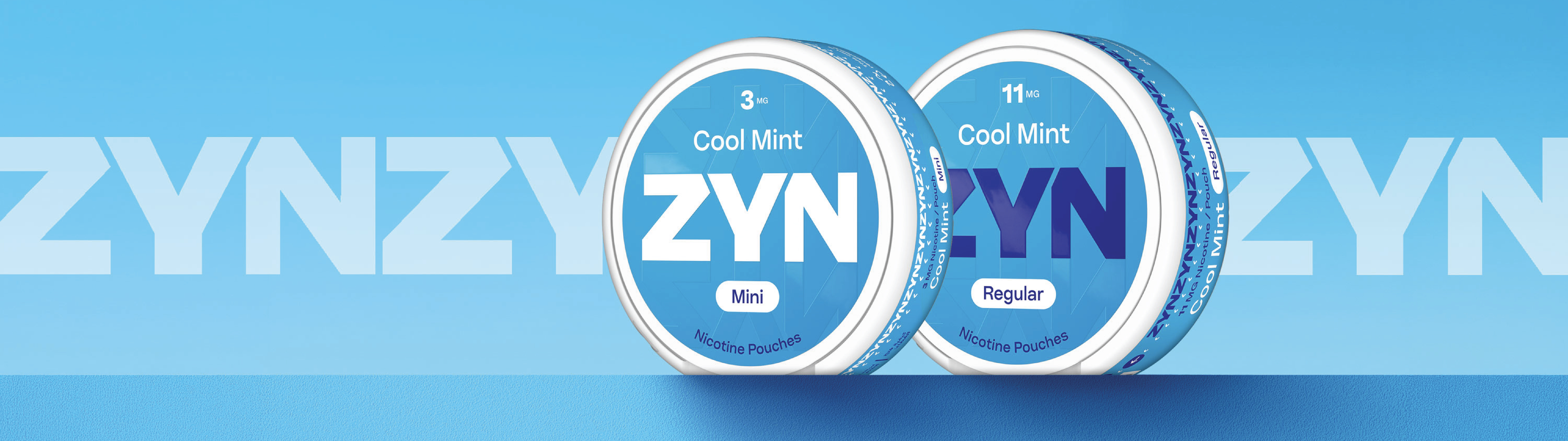 Blue ZYN banner image showing a can of ZYN Regular nicotine pouches and a can of ZYN Mini nicotine pouches in Cool Mint flavour positioned next to each other